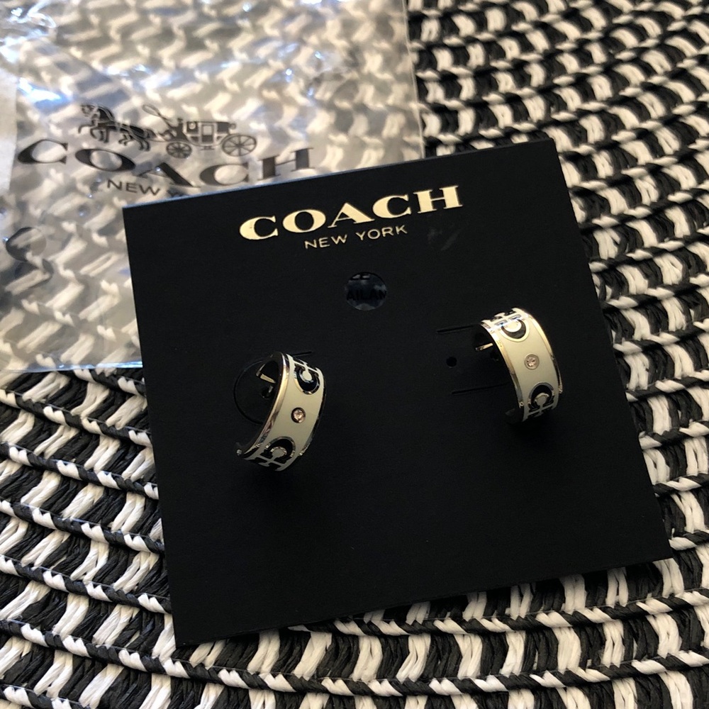 New with tag. Authentic Coach  Enamel Hoop Earrings with Silver & black Accents